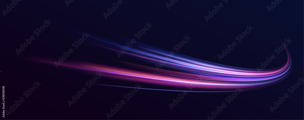 Poster Cyberpunk light trails in motion or light, light motion trails. abstract speed movement pattern with shiny glowing blurred line shape, gradient color.	