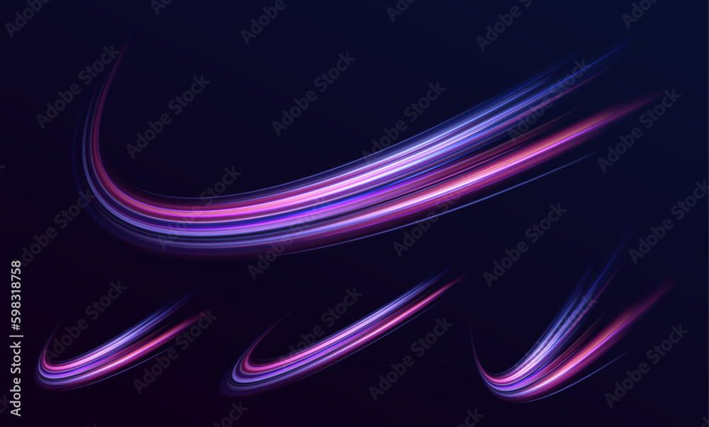 Poster neon color blurred motion on speedway. acceleration speed motion on night road. panoramic high speed