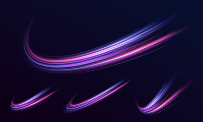 Neon Color Blurred Motion On Speedway. Acceleration speed motion on night road. Panoramic high speed technology concept, light abstract background. Vector illustration. - obrazy, fototapety, plakaty