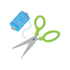 Scissors cartoon. Open scissor with green handle isolated on white background. Vector illustration Blue thread.