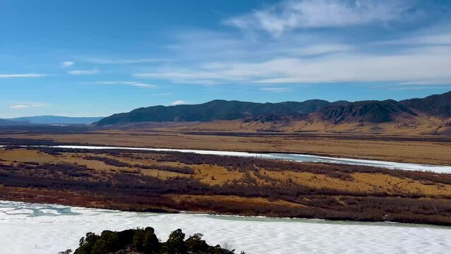 Scenic landscape view from mountain peak. Selenga River