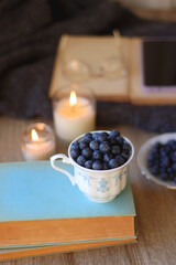 Cup of blueberries, set of books, phone, eyeglasses, lit candles and blanket on the table. Hygge at home. Selective focus.