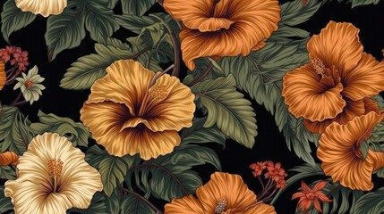 Tropical vintage floral palm leaves red hibiscus flower seamless pattern black background. Exotic jungle wallpaper.generative ai.