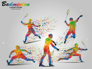 Visual drawing movement to badminton sport and jumper at fast of speed on stadium, colorful beautiful design style on white background for vector illustration, exercise sport concept, the winner game