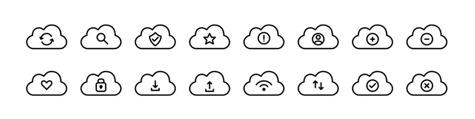Cloud storage icons. File sharing and data backup. Pixel perfect, editable stroke line design icons