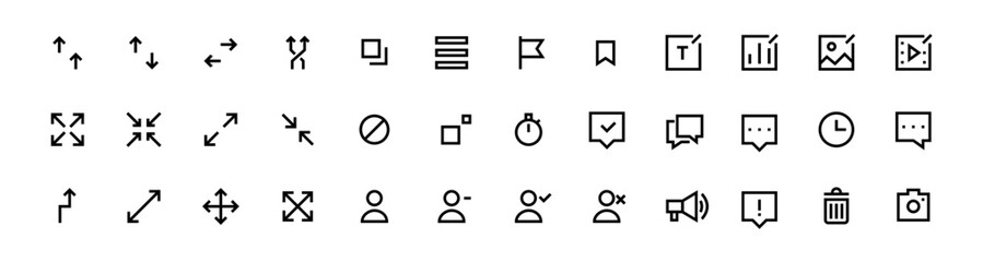 Simple minimalistic ui icons. Arrows, chat, user. Website navigation line symbols. Pixel perfect, editable stroke