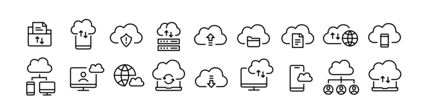 Cloud storage network. Secure data sharing and backup. Pixel perfect, editable stroke line design icons