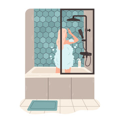 Woman taking shower flat vector illustration. Girl standing and washing her body, taking care of herself. Generative AI