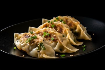 Image of gyoza with finely chopped green onions and sesame seeds on a plate printed on Printed Glass Splashbacks