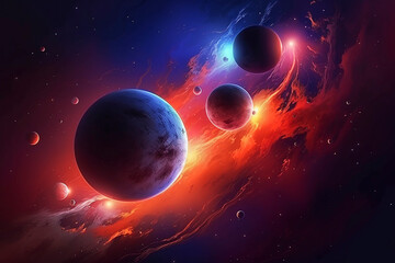 Obraz na płótnie Canvas Generative AI. Beautiful planets in space. fantastic space in blue, red, purple colors. wallpaper , card, design concept. 