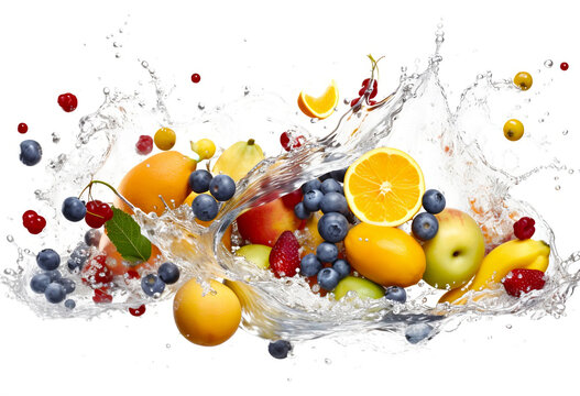 Fresh fruits splashing into clear water splash on white background. AI Generative Illustrations