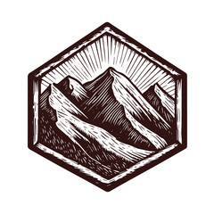 mountains in a wooden frame illustration, mountains vintage emblem