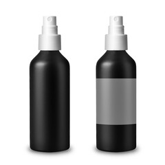 Plastic black cosmetic spray bottle, isolated on white background.With label and without. Packaging, storage, recycling.