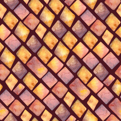 Watercolor seamless hand drawn geometric mosaic pattern with colorful rhombuses