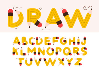 Alphabet in the form of pencils. Children's playful alphabet. Stylized multicolored letters. Vector font design template.
