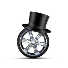Happy Father's Day background. Car wheel, and hat cylinder, isolated on a white background. Holidays.