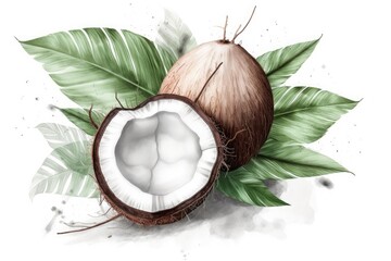 Tropical illustration natural coconut with leaves on a white background. Generative AI - obrazy, fototapety, plakaty