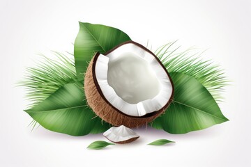 Tropical coconut with palm leaves on a white background. Generative AI - obrazy, fototapety, plakaty