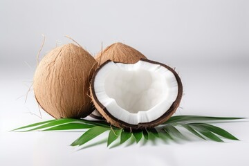 Fototapeta na wymiar Coconuts with palm leaves on white. Generative AI