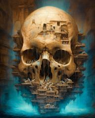 Epic Skull Cascading Waterfall Surreal, Gothic, Macabre, Haunting Background A Dark Masterpiece AI Generated 
