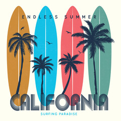 California Surfing Paradise Endless summer . sunshine beach, summer beach sunshine vector print design artwork. each vibes t-shirt artwork. Palm tree, chare graphic print design. surfboard Summer.