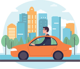 Young man driving a car, driving in sunny weather around the city, flat vector image, isolated background