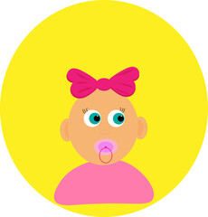 a little girl with a bow and a pacifier on a yellow background.