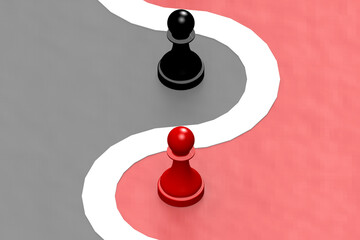 Red and black chess pawn separated in two