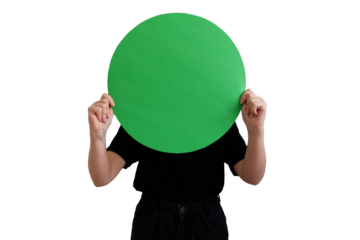 person holding a green paper. isolated people