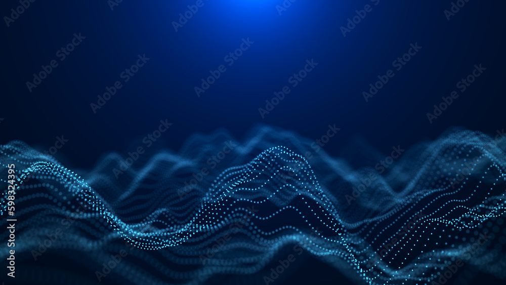 Poster large digital data background. abstract wave with moving dots. 3d rendering