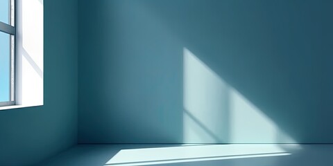 Minimalistic light blue wall in an empty room for presentation background. Elegant lighting with abstract shadows. - Generative AI 