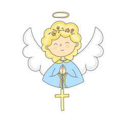 A Cute Angel Girl Holds a Cross Invitation Card for Baptism Day Baptized and Blessed Simple Color Doodle Vector Illustration