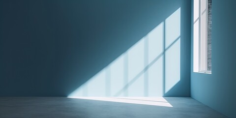 Minimalistic light blue wall in an empty room for presentation background. Elegant lighting with abstract shadows. - Generative AI 