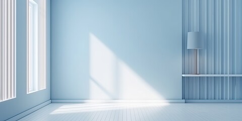 Minimalistic light blue wall in an empty room for presentation background. Elegant lighting with abstract shadows. - Generative AI 