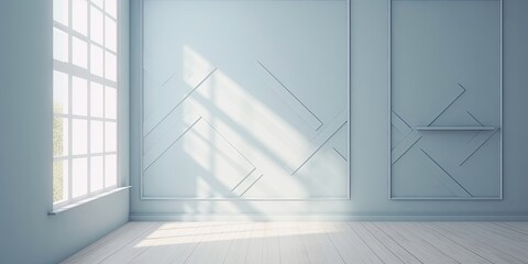 Fototapeta premium Minimalistic light blue wall in an empty room for presentation background. Elegant lighting with abstract shadows. - Generative AI 