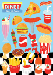 Set of hand drawn fast foods vector illustration in diner background. Diner with pizza, bacon, drinks, taco, chicken, fries, popcorn, barbecue and donut.