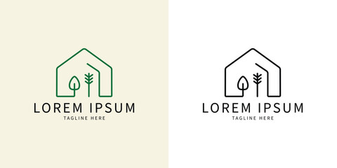 House and tree simple logo. Line logo style. Organic lifestyle branding. design simple vector editable