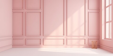 Fototapeta na wymiar Minimalistic Light Pink wall in an empty room for presentation background. Elegant lighting with abstract shadows. - Generative AI 