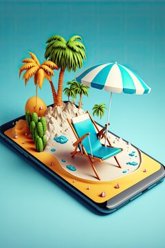 A phone with a beach scene and a blue chair on it Created using generative AI tools