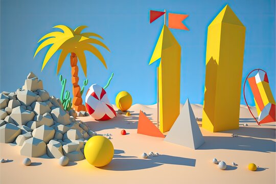 A 3d rendering of a beach scene with a pyramid and a flag Created using generative AI tools