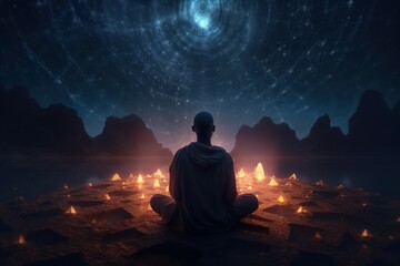 Peaceful man meditates under glowing sky, surrounded by mandala, Generative AI