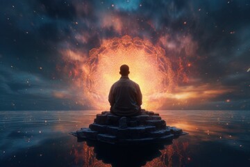 Naklejka na ściany i meble Peaceful man meditates under glowing sky, surrounded by mandala, Generative AI
