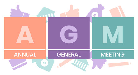 AGM - Annual General Meeting acronym, business concept. word lettering typography design illustration with line icons and ornaments. Internet web site promotion concept vector layout.