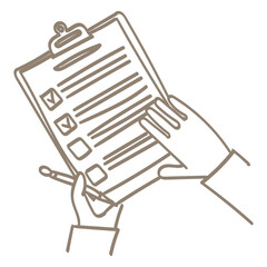 Survey, quiz, to-do list, agreement flat design concept, icons, hand holds document with checkmarks. Vector illustration