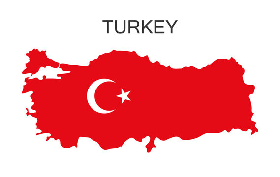 The outline of Turkey painted in the color of the national flag. Turkey map in red with crescent and star