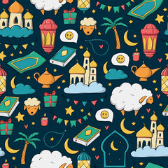 islamic seamless pattern with cute doodles for kids wallpaper, textile prints, packaging, backgrounds, decor, etc. Eid al adha design. EPS 10