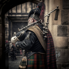 Scottish man with bagpipes. Generative AI. - obrazy, fototapety, plakaty