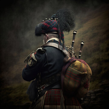 Scottish man with bagpipes. Generative AI.
