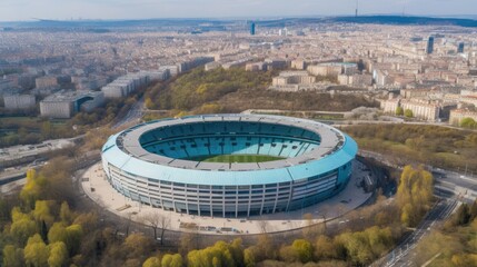 Aerial Shot of Light Blue Football Stadium, Sports Venue and Architecture, Generative AI Illustration