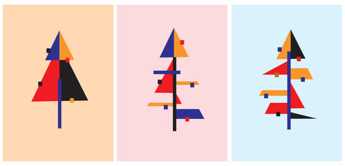 Simple Modern Winter Holidays Vector Print with Christmas Trees made of Triangles and Squares. Cubism Style Christmas Cards. Minimalist Geometric Style Xmas Trees on a Pink, Blue and Beige Background.